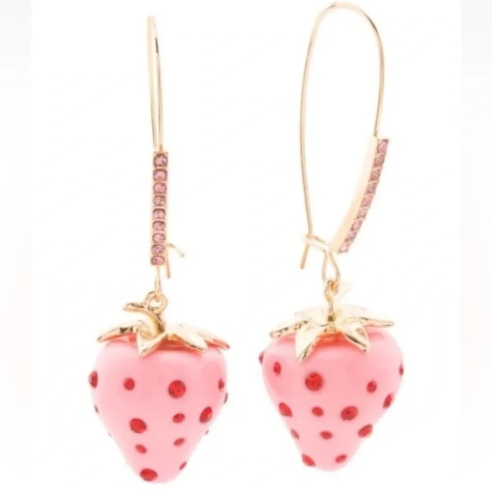 BETSEY JOHNSON Pink Enamel & Red Crystals Strawberry Dangle Drop Earrings NWT - Picture 3 of 5